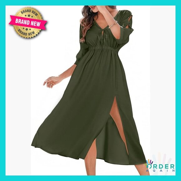 Dresses & Skirts - V-Neck Batwing Sleeve Midi Dress Flowy A-Line Casual Elegant Summer Vacation